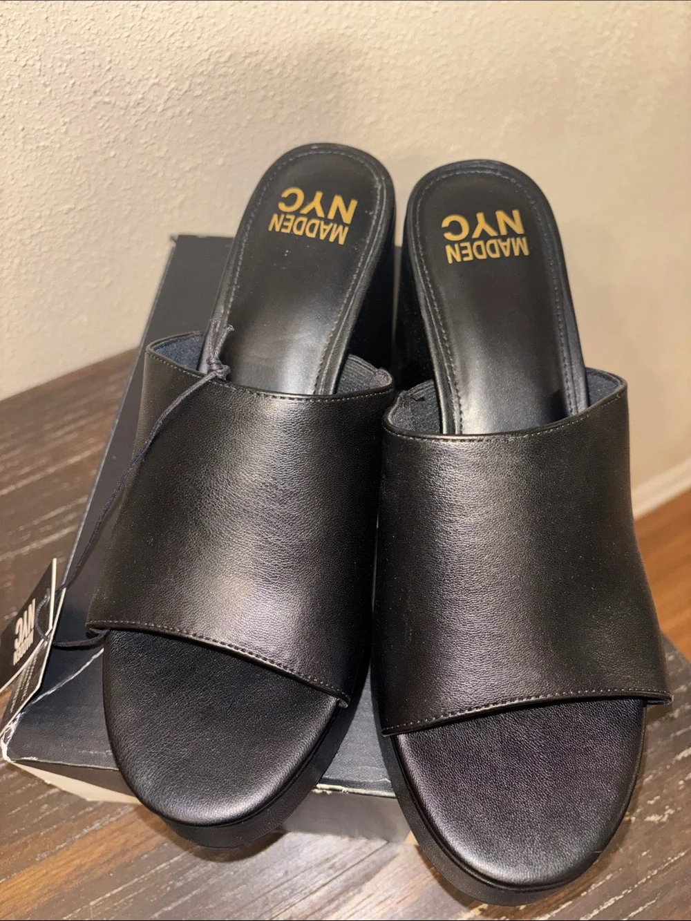 Madden NYC Black Platform Wedge Slides